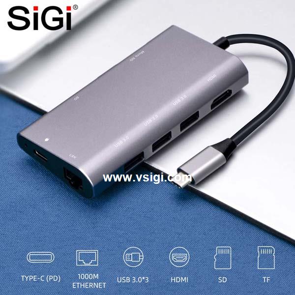 SiGi premium 8-in-1 USB3.0*3 USB C hub Ethernet HDMI type c hubs adapter converter for MacBook pro surface