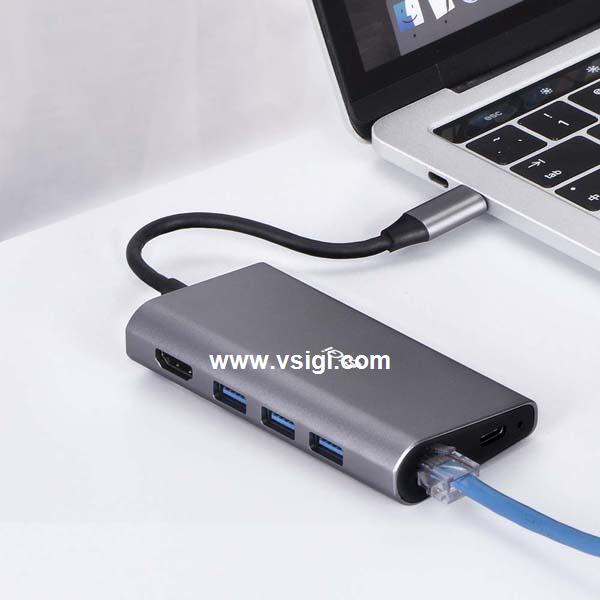 SiGi premium 8-in-1 USB3.0*3 USB C hub Ethernet HDMI type c hubs adapter converter for MacBook pro surface